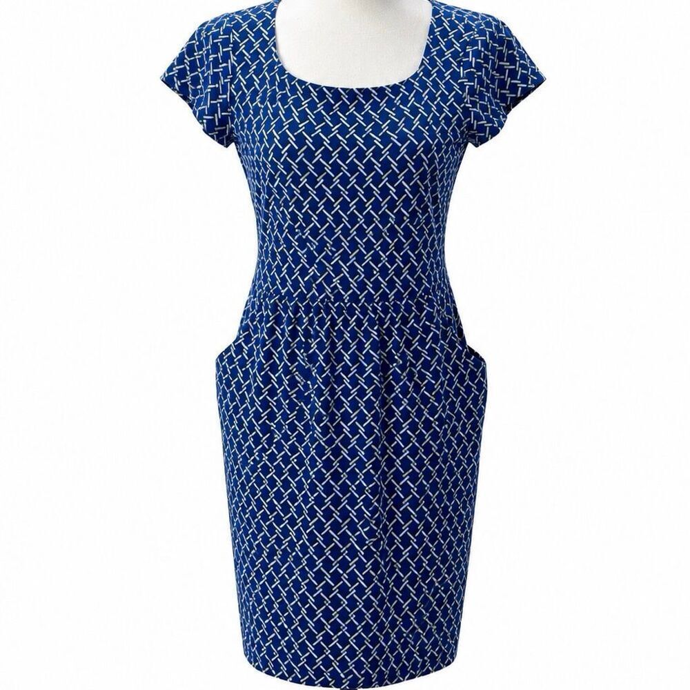 J.Mclaughlin Womens Blue Short Cap Sleeve Pockets Geometric Sheath Dress Small
